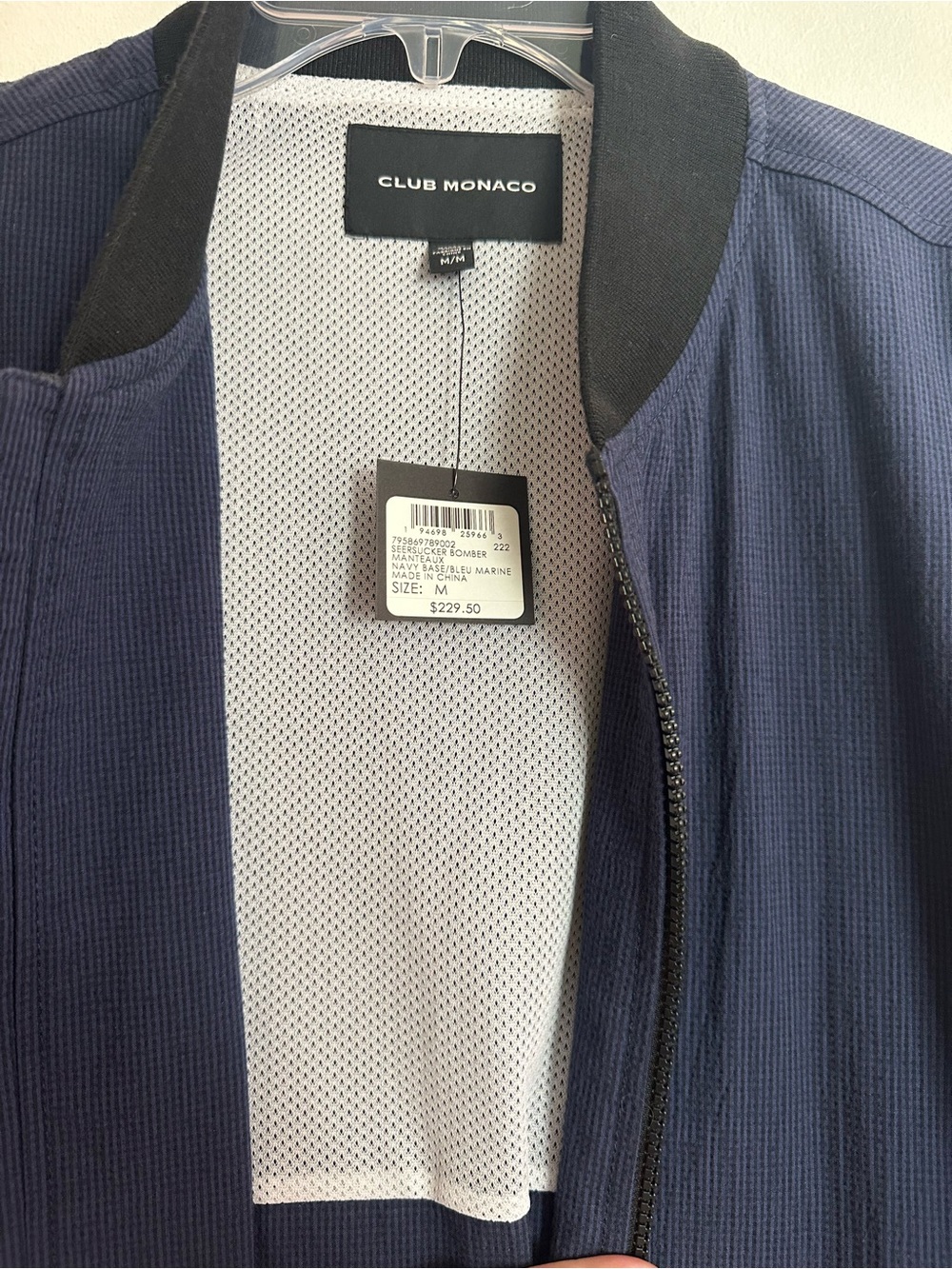 Club Monaco Navy Seersucker Bomber Jacket with Black Rib Collar - Picture 2 of 3